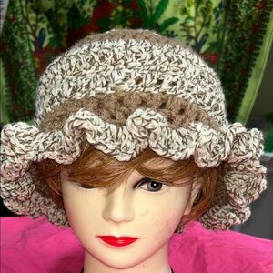 Stylish Beige and Brown Crochet Hat with ruffles